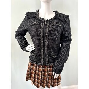 Apt 9 Chic Black and Silver Metallic Tweed Jacket Chain and Frayed Details Med